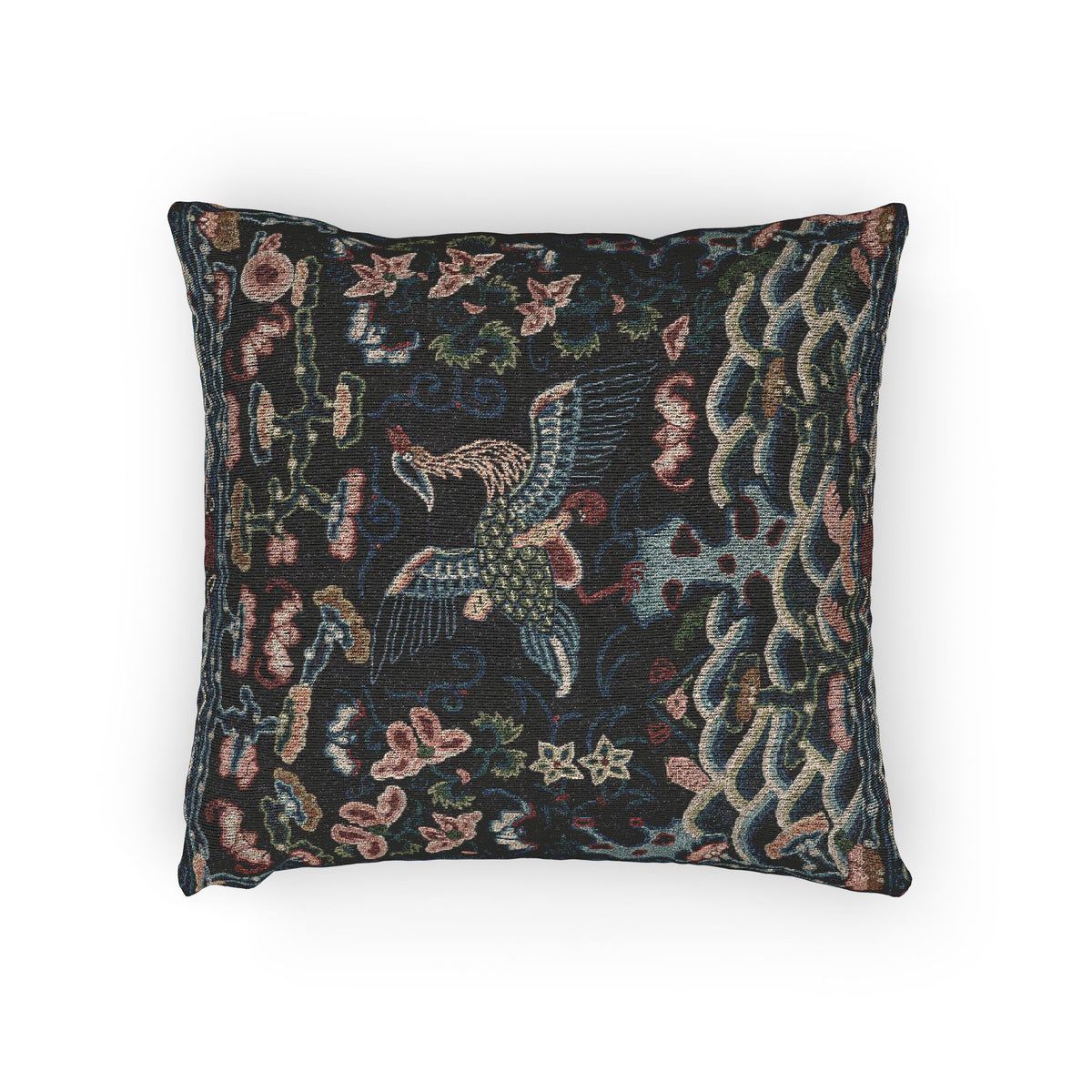 A square decorative throw pillow featuring an intricate, vintage-style woven tapestry design with a bird, floral motifs, and a textured pattern on a dark background, set against a plain white studio backdrop.