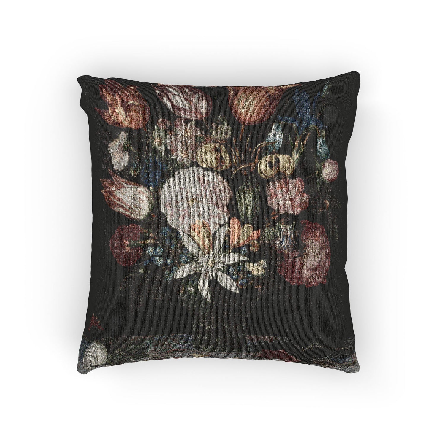 A square throw pillow featuring a vintage-style tapestry print of a floral bouquet on a dark background, isolated on a white studio backdrop.