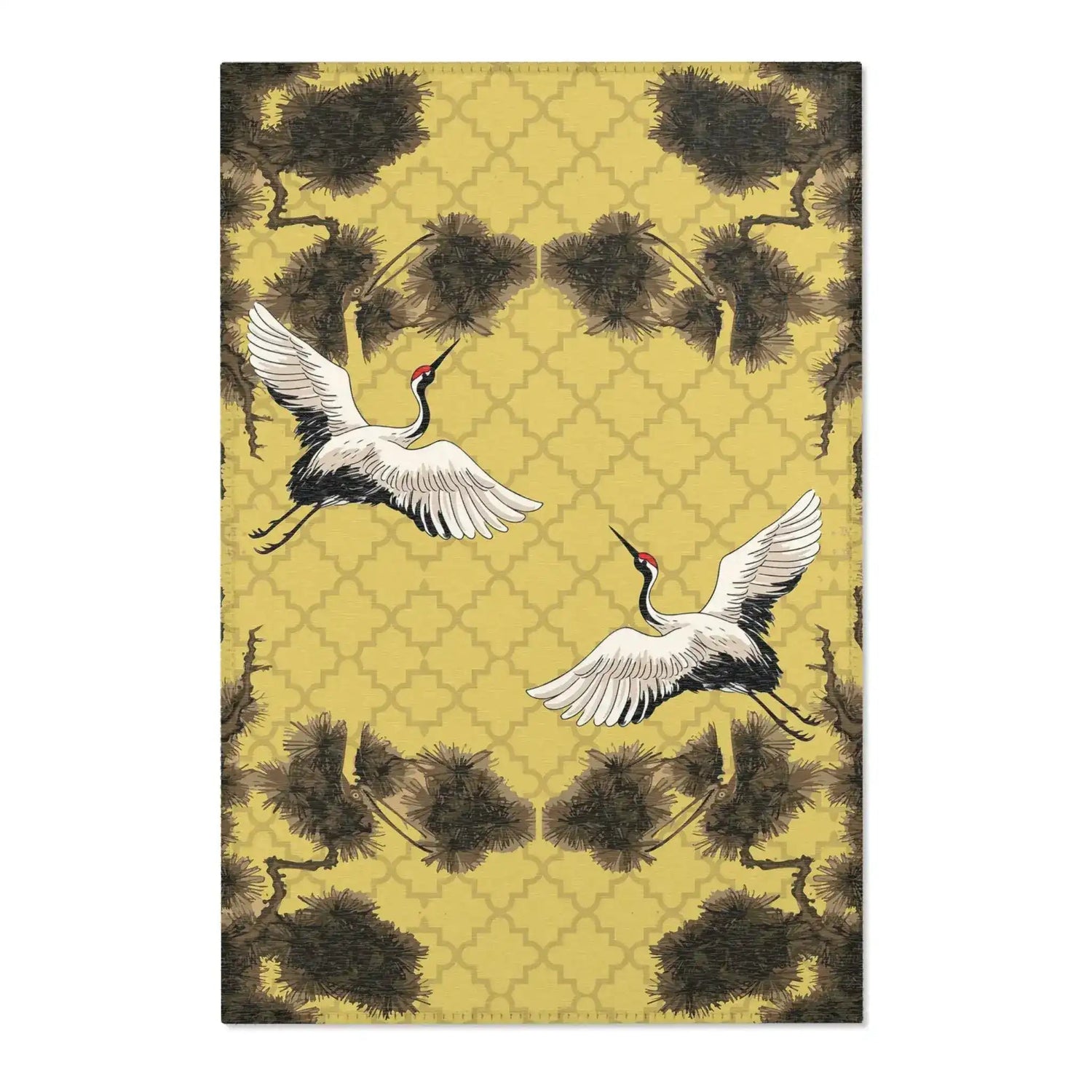 Dancing Cranes on Golden Lattice Accent Rug