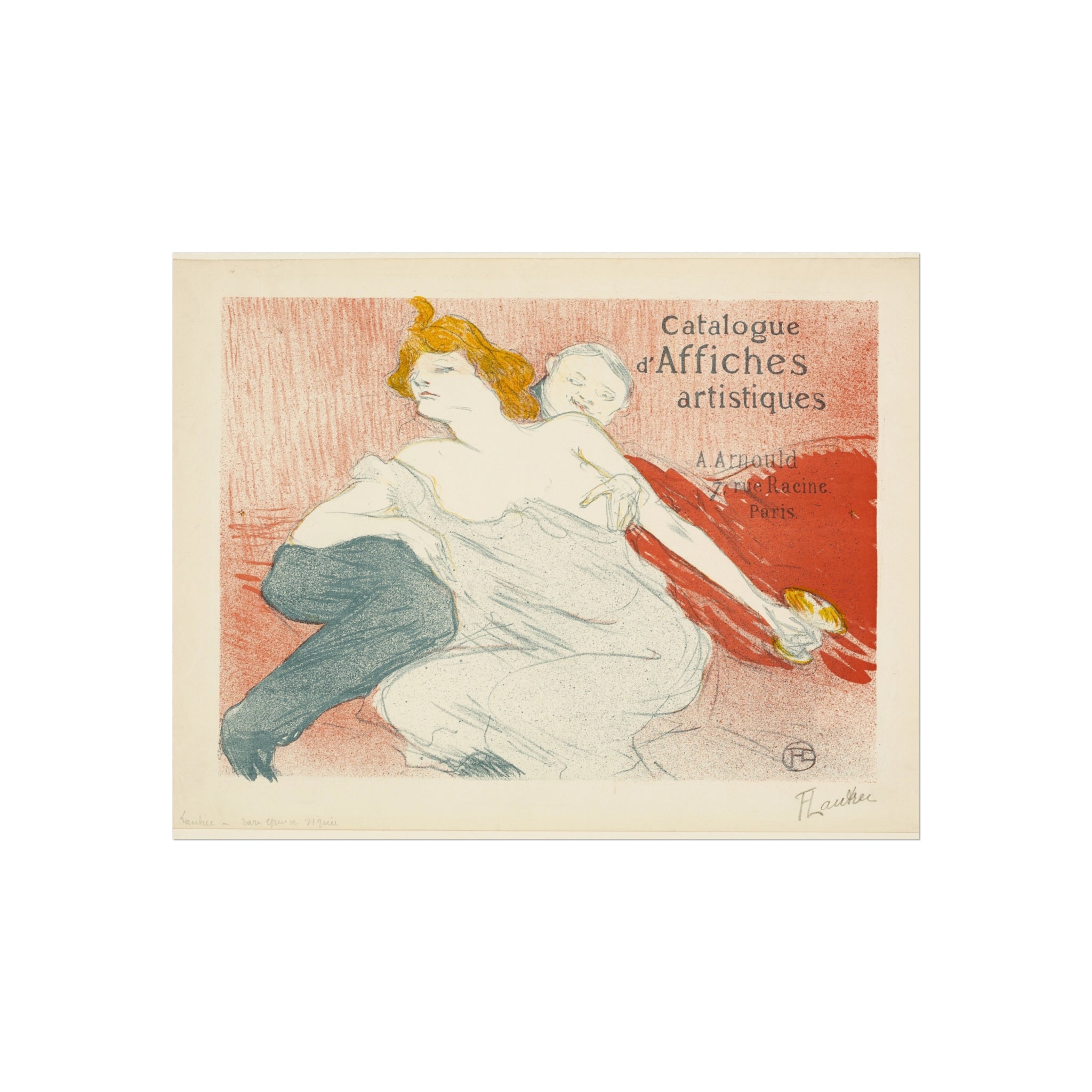 A vintage-style art print or poster showing a seated woman in flowing pale drapery with a child on her back, rendered in muted red, cream, blue-gray, and orange tones. French text appears in the upper right, and the print is photographed against a light gray background.