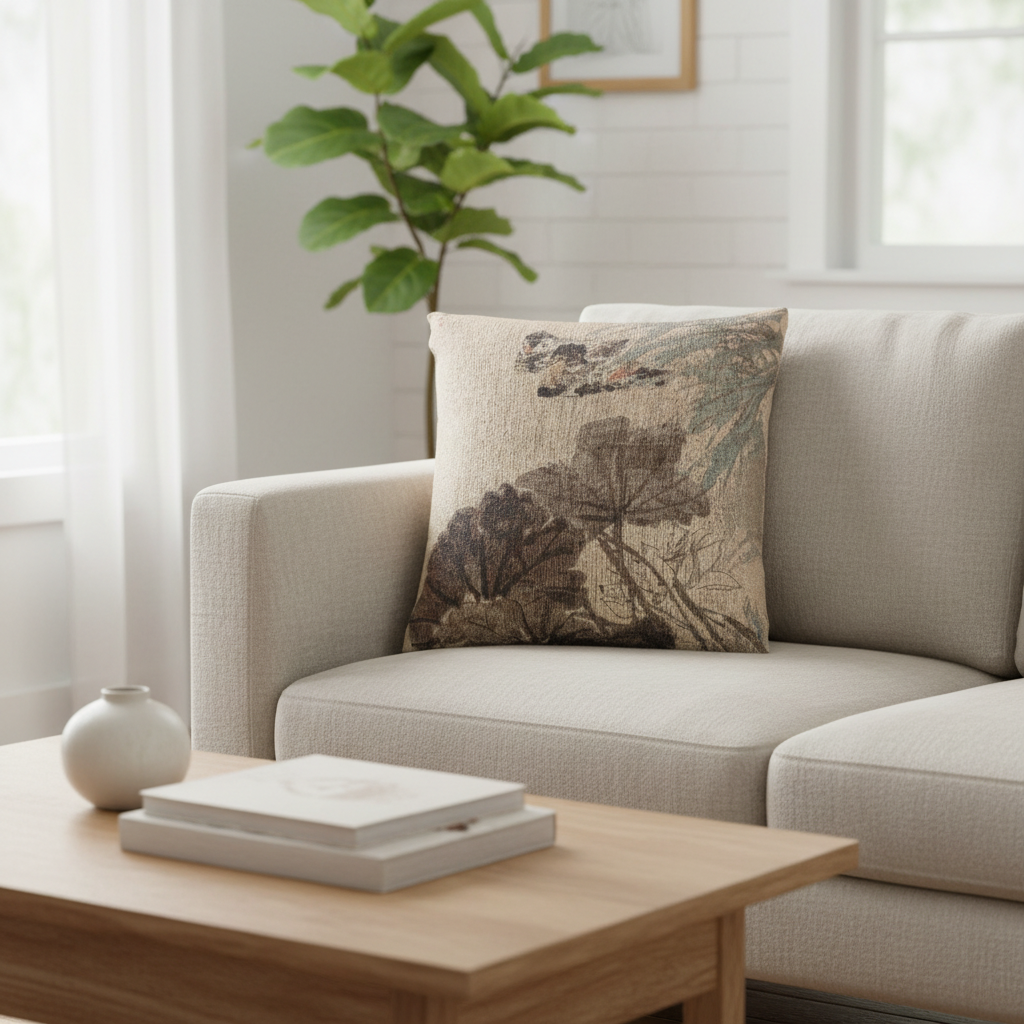 A square decorative throw pillow with a vintage-style botanical print in earthy brown and beige tones, resting on a light beige sofa in a bright, modern living room setting.
