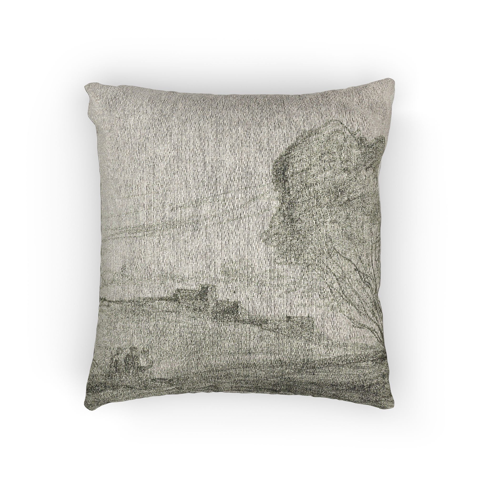 A square throw pillow featuring a textured, sketch-like landscape print in muted gray and beige tones, shown against a plain white background.