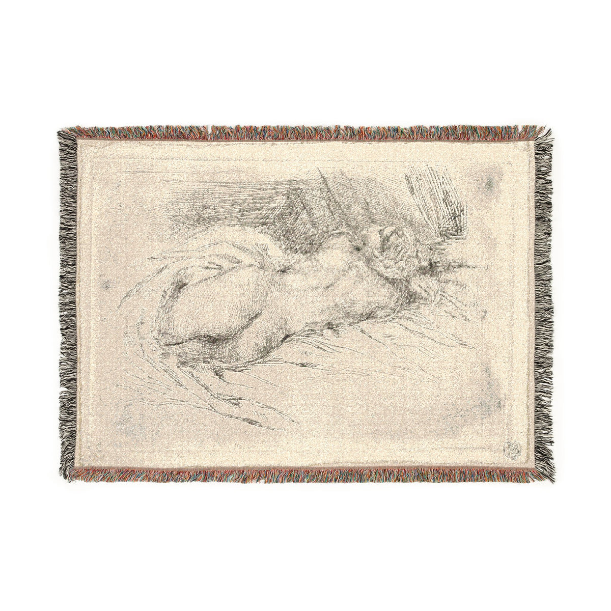 A rectangular woven throw blanket featuring a charcoal sketch of a reclining nude figure on an off-white background, finished with fringed edges.