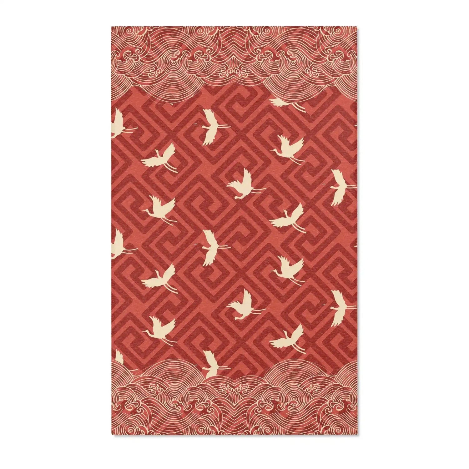 Red Geometric Crane & Wave Pattern Accent Rug