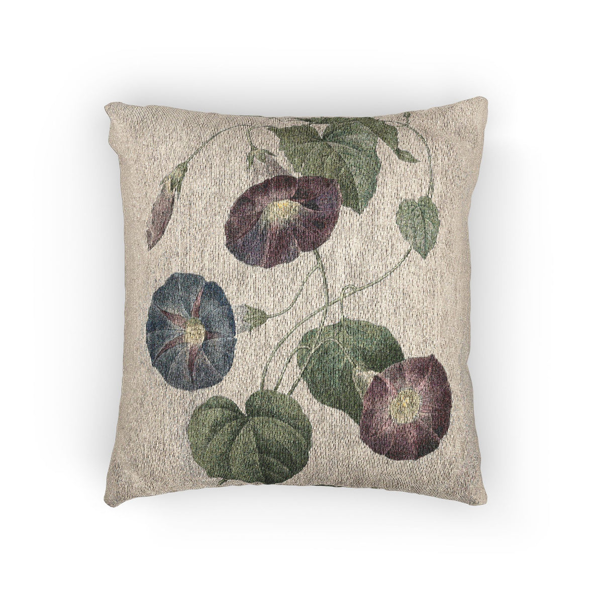 A square decorative throw pillow with a textured beige linen-like fabric, featuring a vintage botanical print of morning glory flowers in muted green, purple, and blue tones.
