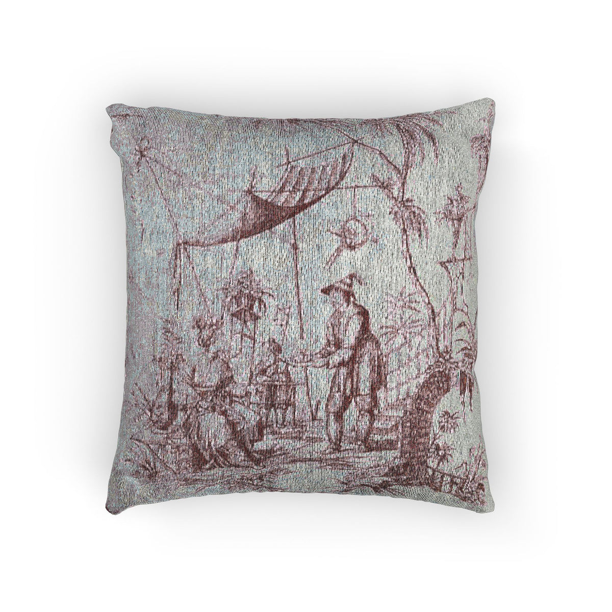 A square decorative throw pillow featuring a vintage-style toile de Jouy print in muted brown and dusty blue-gray tones, shown against a plain white background.
