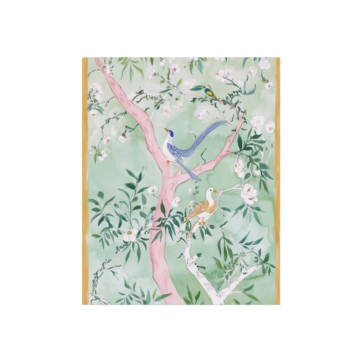Green Chinoiserie Birds and Floral Scene Fine Art Poster