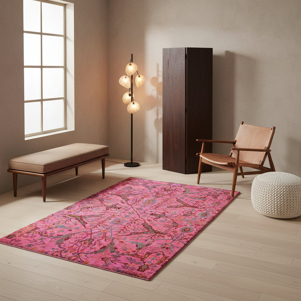 Pink patterned rug on a white background