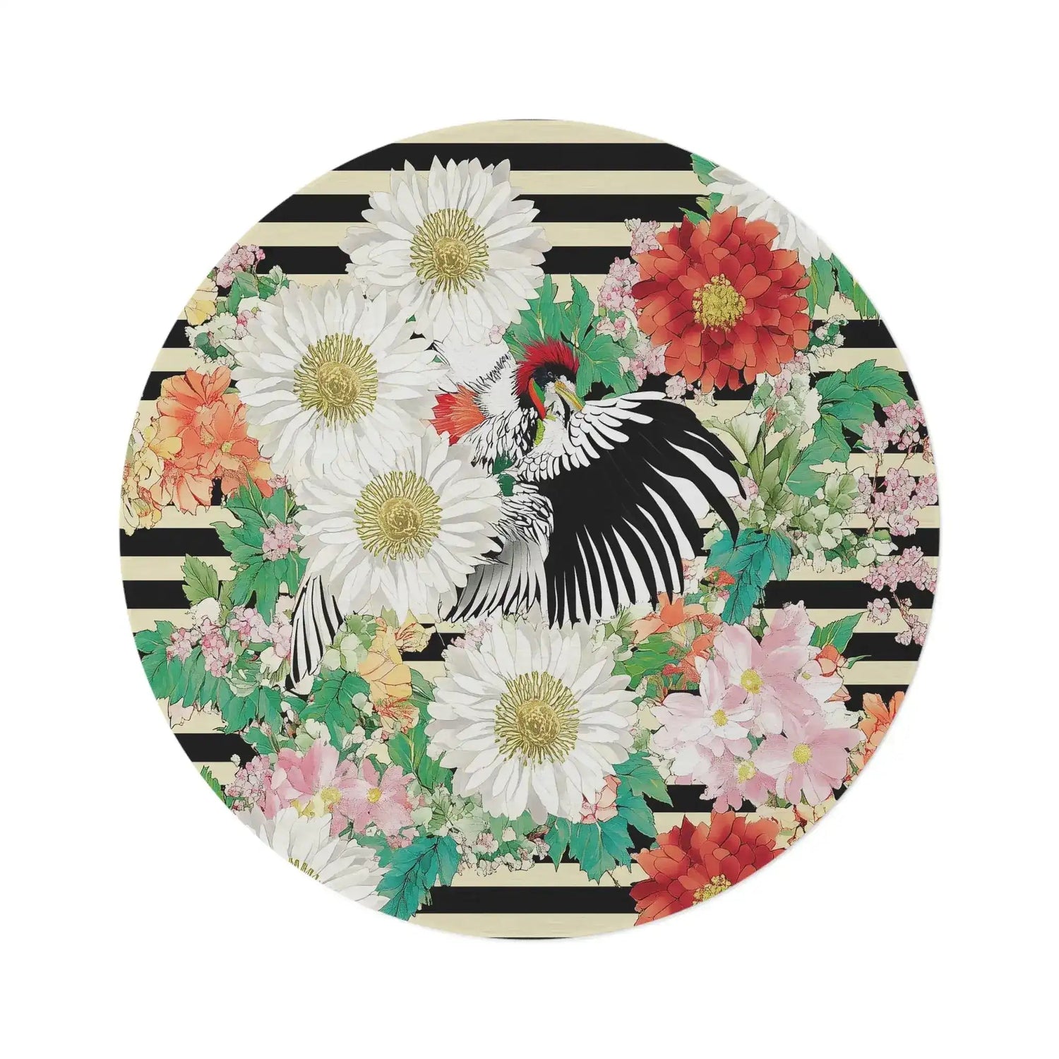 Striped Bloom & Bird Round Rug