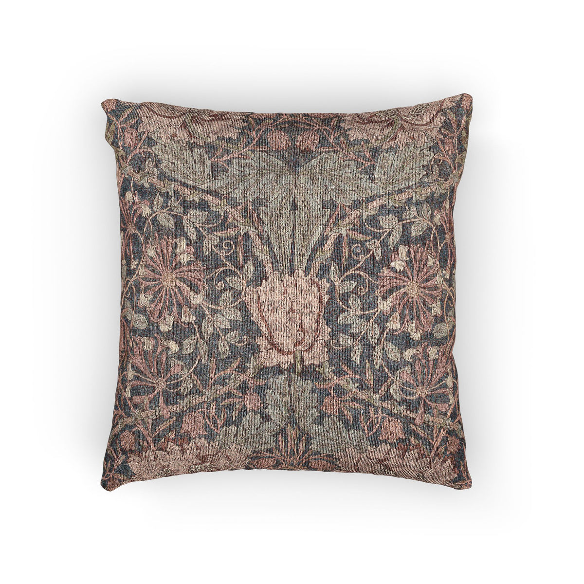 A square decorative throw pillow featuring an intricate botanical damask pattern in muted tones of dusty rose, olive green, and charcoal gray on a white background.