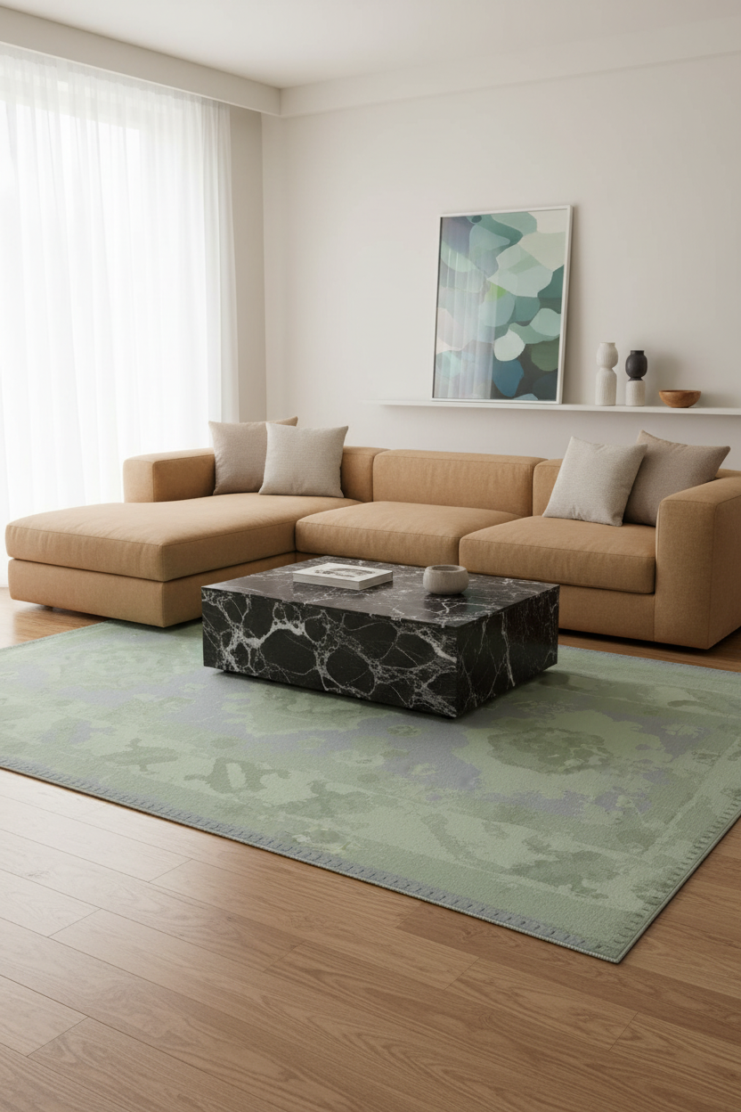 A modern living room scene featuring a tan sectional sofa, a black marble coffee table, and a large sage green patterned area rug on a light wood floor. A white wall in the background has a shelf with decorative vases and a framed abstract print.