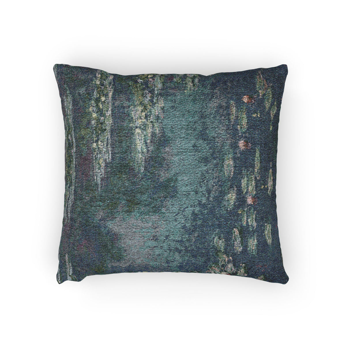 A square throw pillow featuring a textured, woven abstract design inspired by Monet's Water Lilies, in shades of deep teal, blue-green, and soft lavender-gray, set against a plain white background.
