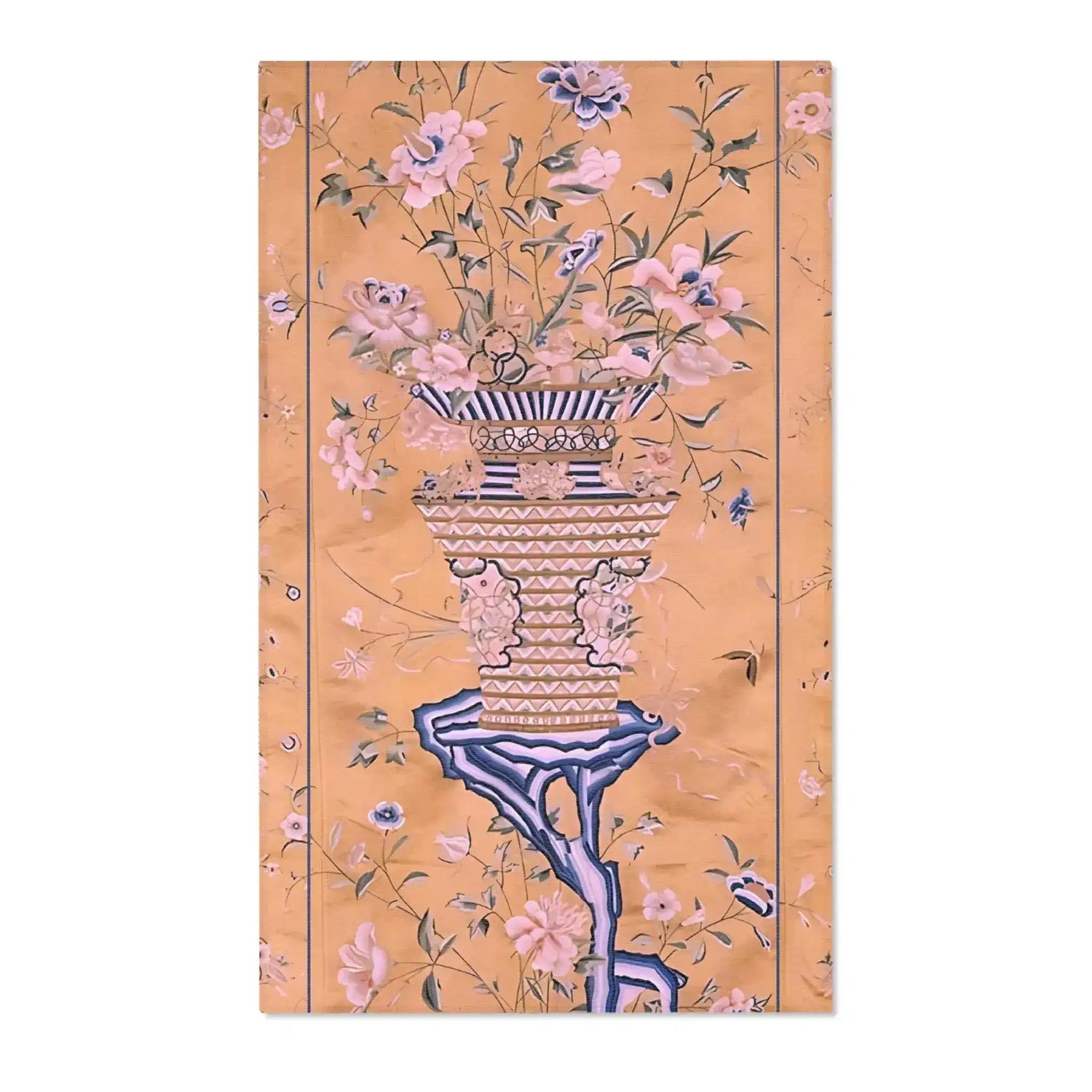 Golden Floral Vase Accent Rug with Blue Border