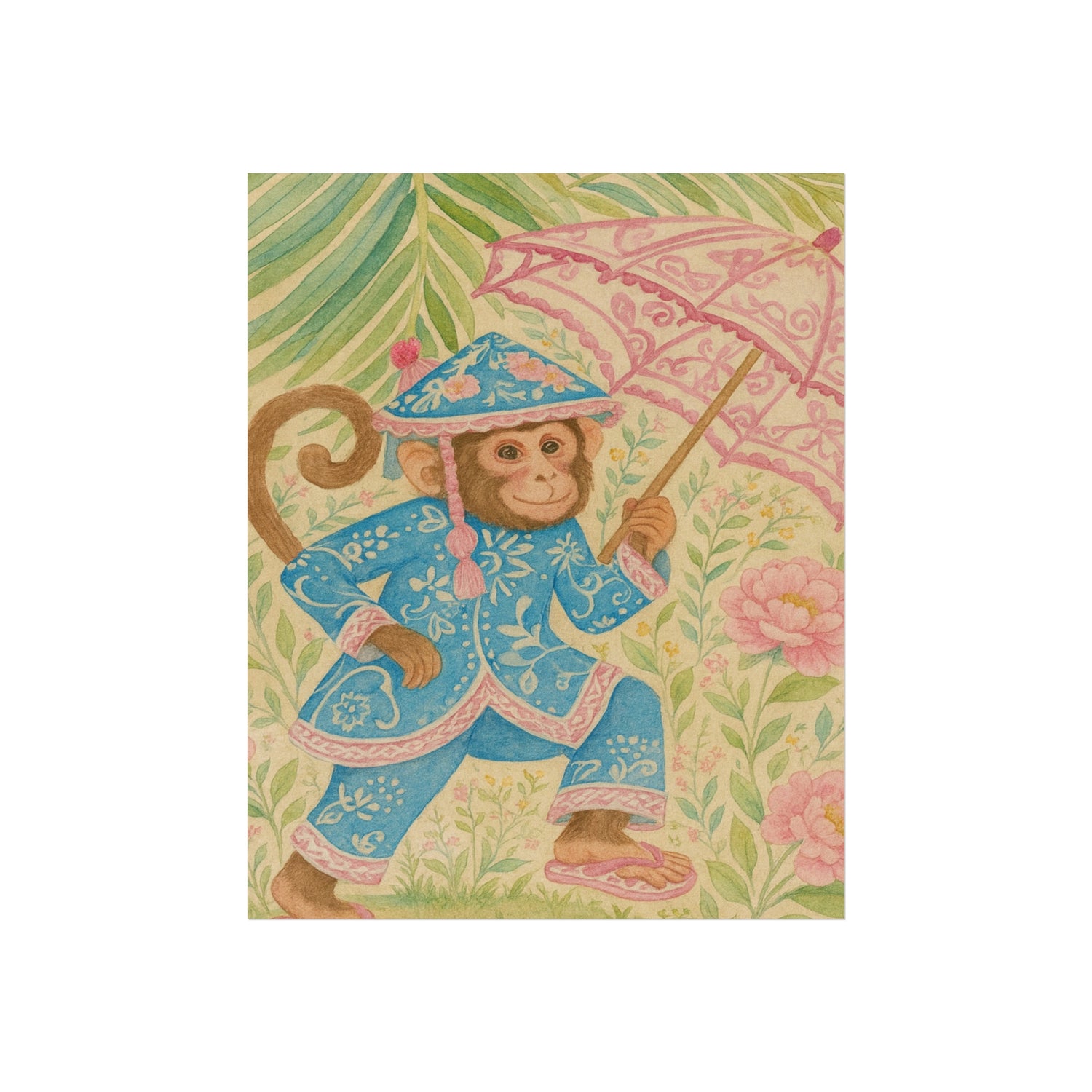 Monkey in Blue Suit and Pink Umbrella Fine Art Poster