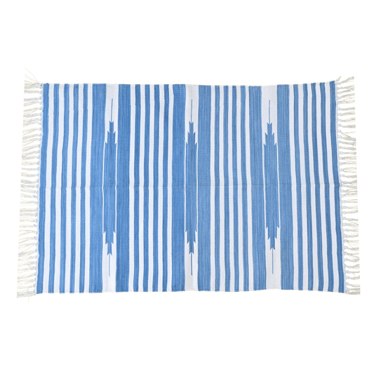 Handwoven Sky Blue and White Stripe Cotton Rug with Fringes