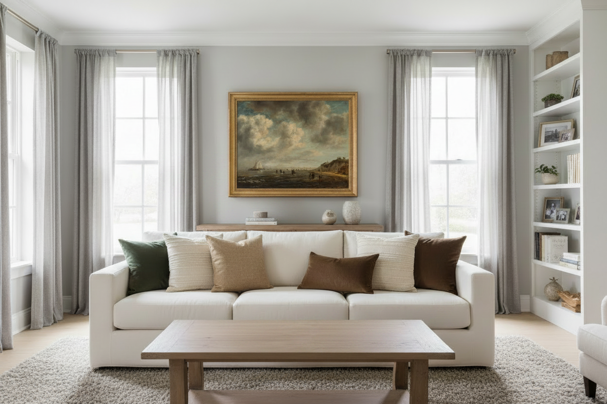 A styled living room featuring a white sofa with beige and brown pillows, a wooden coffee table, gray curtains, and a framed landscape painting on the wall.