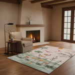 A rectangular area rug with a whimsical flamingo and bird scene printed on a pale pink background, styled in a warm, modern living room with a fireplace, armchair, and wooden floor.