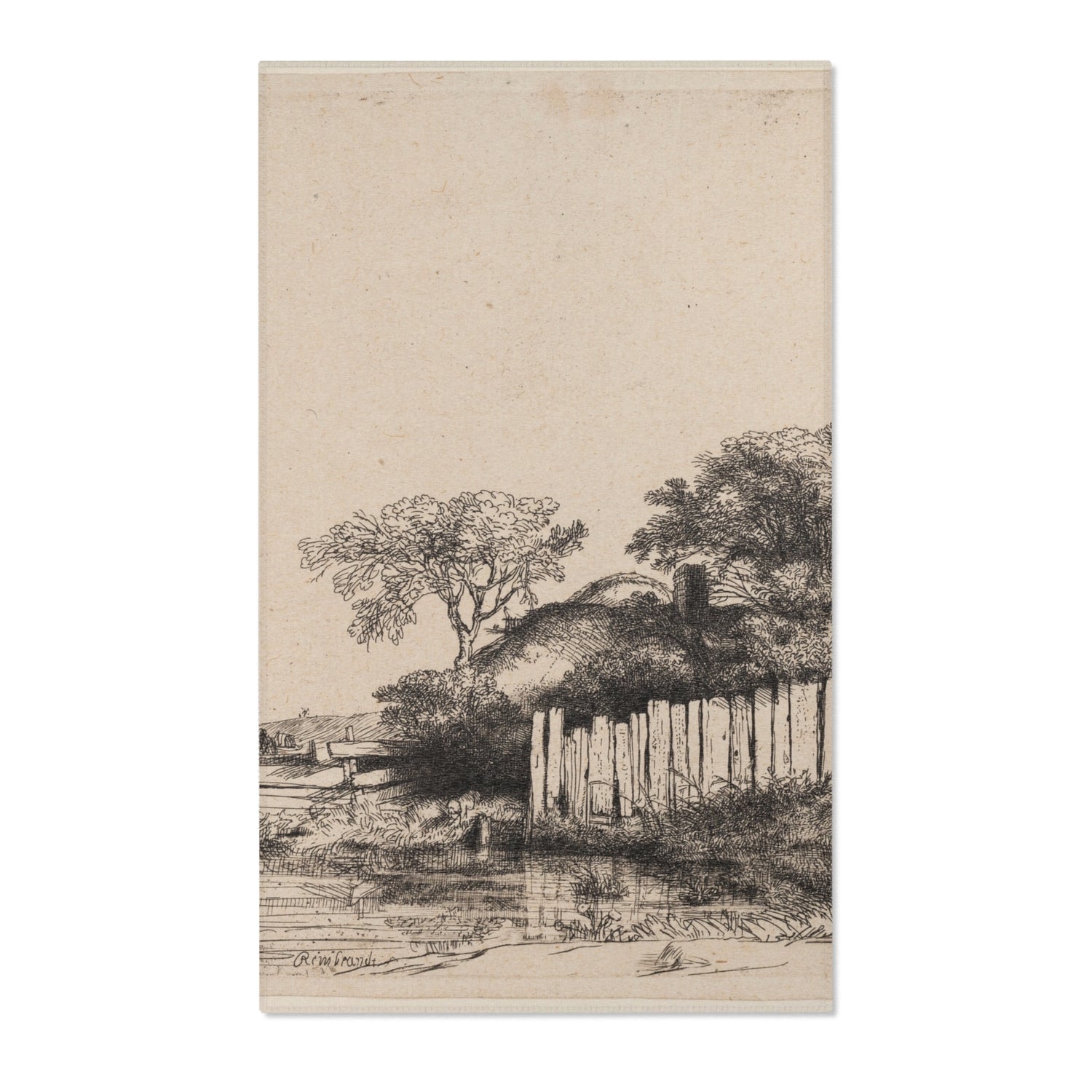 A Cottage with White Paling - Rembrandt van Rijn Area Rug