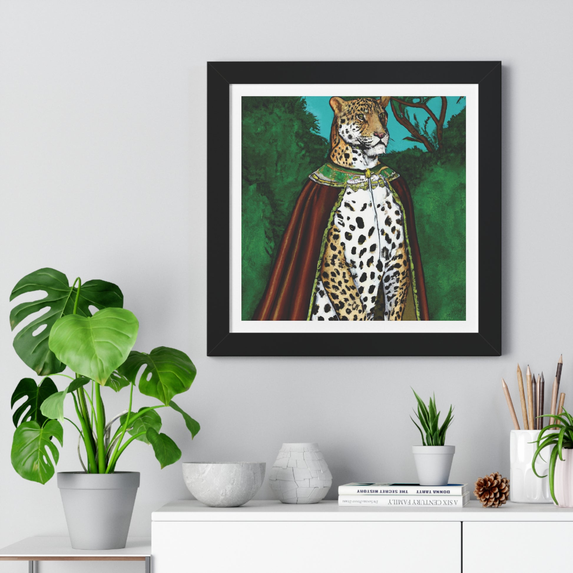 Immerse yourself in the captivating allure of the Leopard in Red Robe Framed Poster Wall Art. This artwork features a stunning depiction of a leopard adorned in a vibrant red robe, exuding a sense of regal elegance and exotic charm.