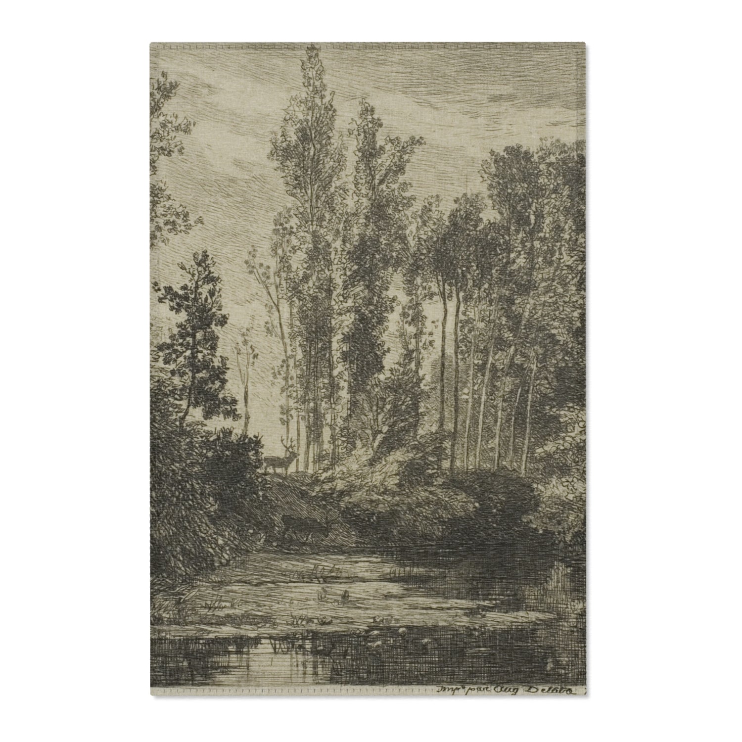 Stags at the Water's Edge - Charles François Daubigny Area Rug