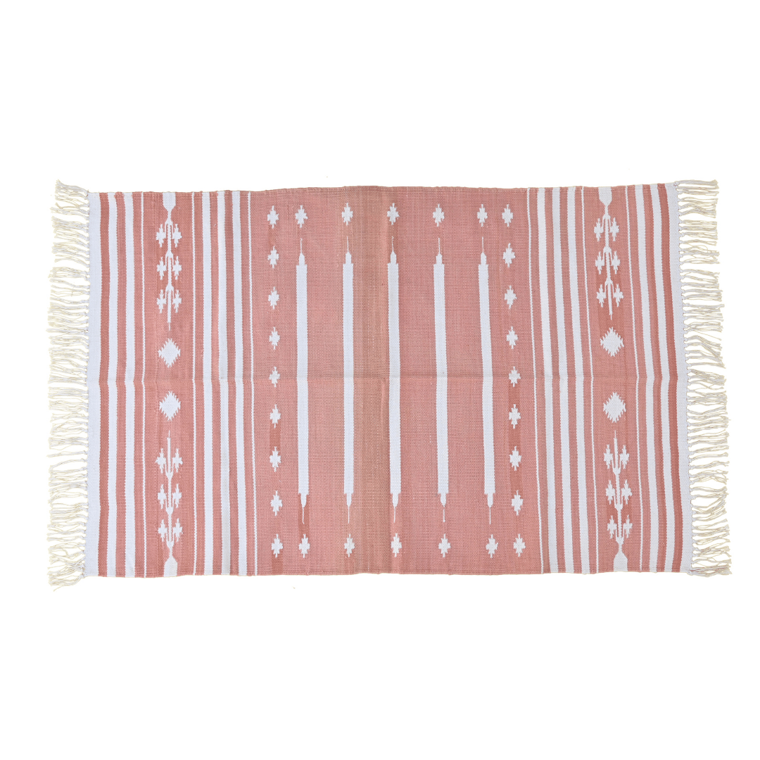 Enhance your space with the delicate beauty of the "Handwoven Peach and White Patterned Cotton Rug with Fringes." Its soft peach tones and intricate pattern evoke a sense of warmth and sophistication, while the fringes add a charming detail. Handcrafted with care, this rug brings a touch of elegance and comfort to any room in your home.