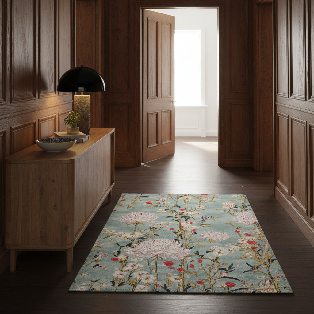 Floral patterned rug with pink and white flowers on a light blue background