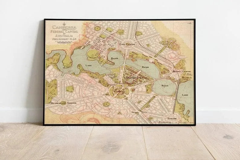 Canberra City Framed Map Wall Art Poster