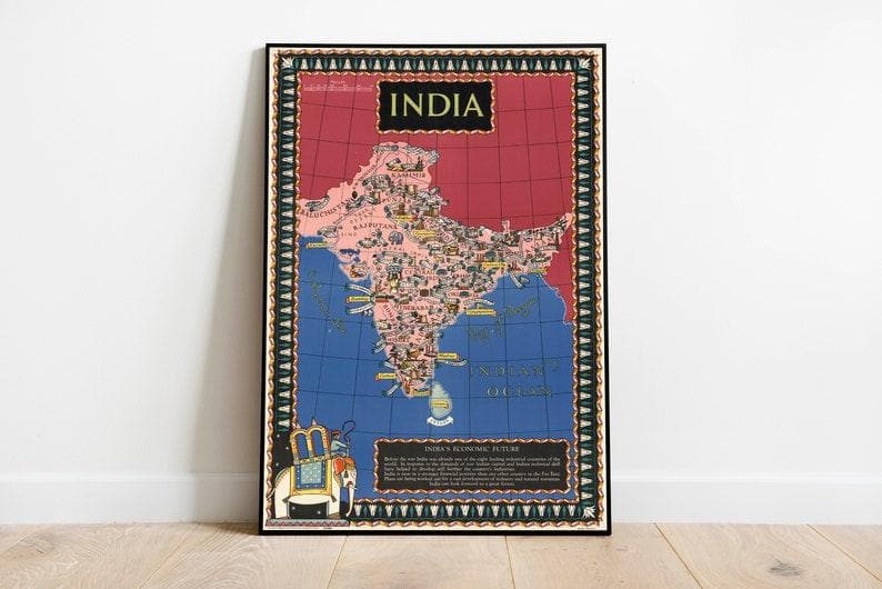 1943 India Map Framed Wall Art 