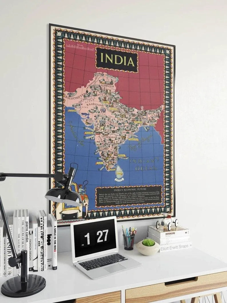 1943 India Map Framed Wall Art