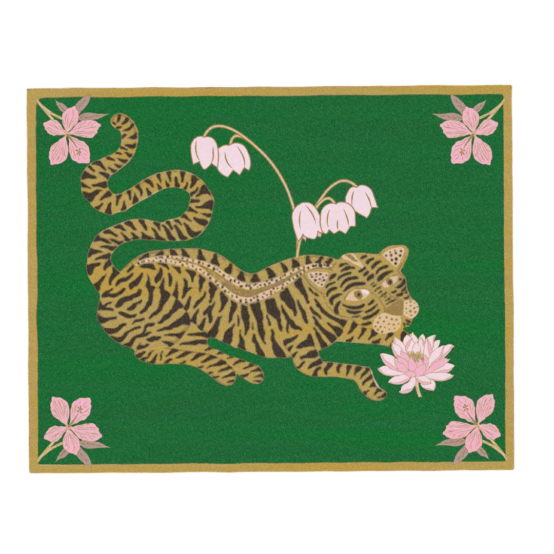 Lotus and Indian Tiger Hand Tufted Wool Rug - Green