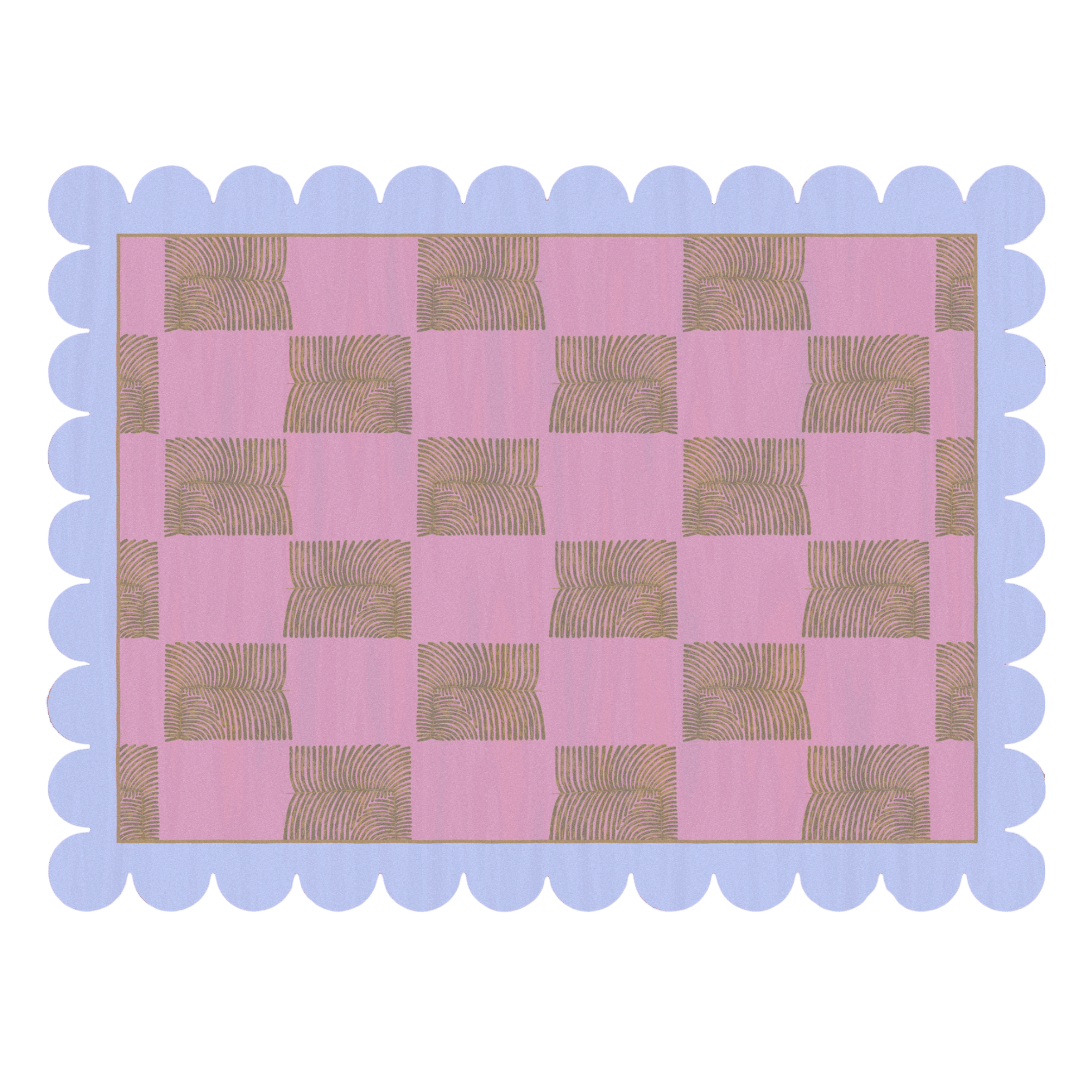 Scalloped Leaf Checker Pink Hand Tufted Rug" - This charming rug boasts a playful design of scalloped leaf patterns in cheerful pink hues. Hand-tufted with care, it adds a whimsical touch to any room, infusing your space with charm and personality. Perfect for adding a pop of color and vibrancy to your decor, it's sure to delight and captivate.