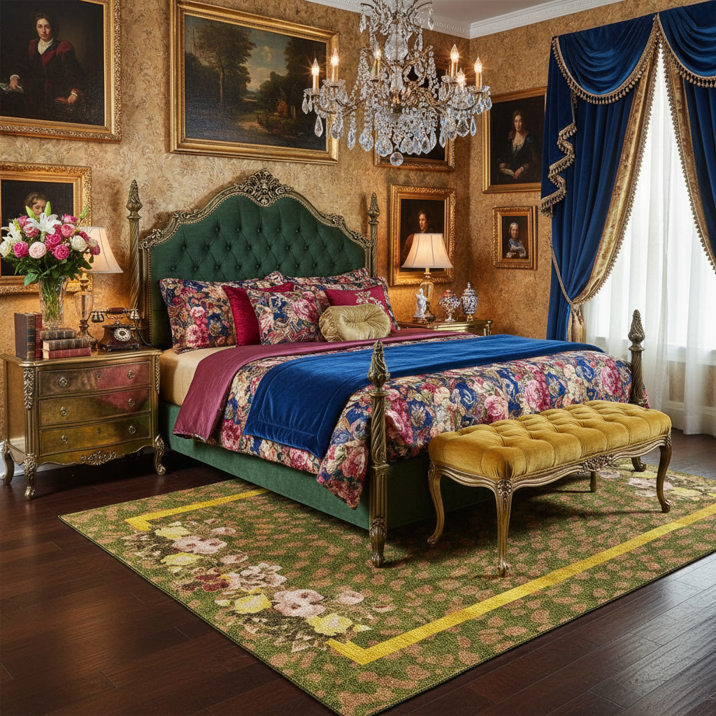 Luxurious bedroom with ornate furniture, floral rug, and decorative elements.
