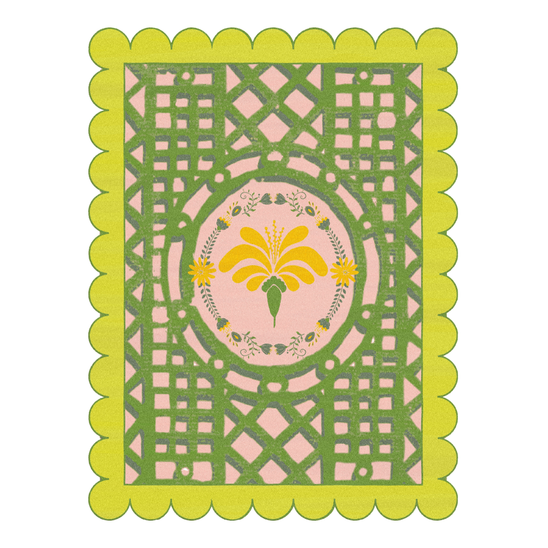  scalloped yellow flower mazed hand-tufted rug could be a beautiful and intricate addition to a room. The scalloped edges add a touch of elegance, while the yellow color adds a bright and cheerful element to the decor. 