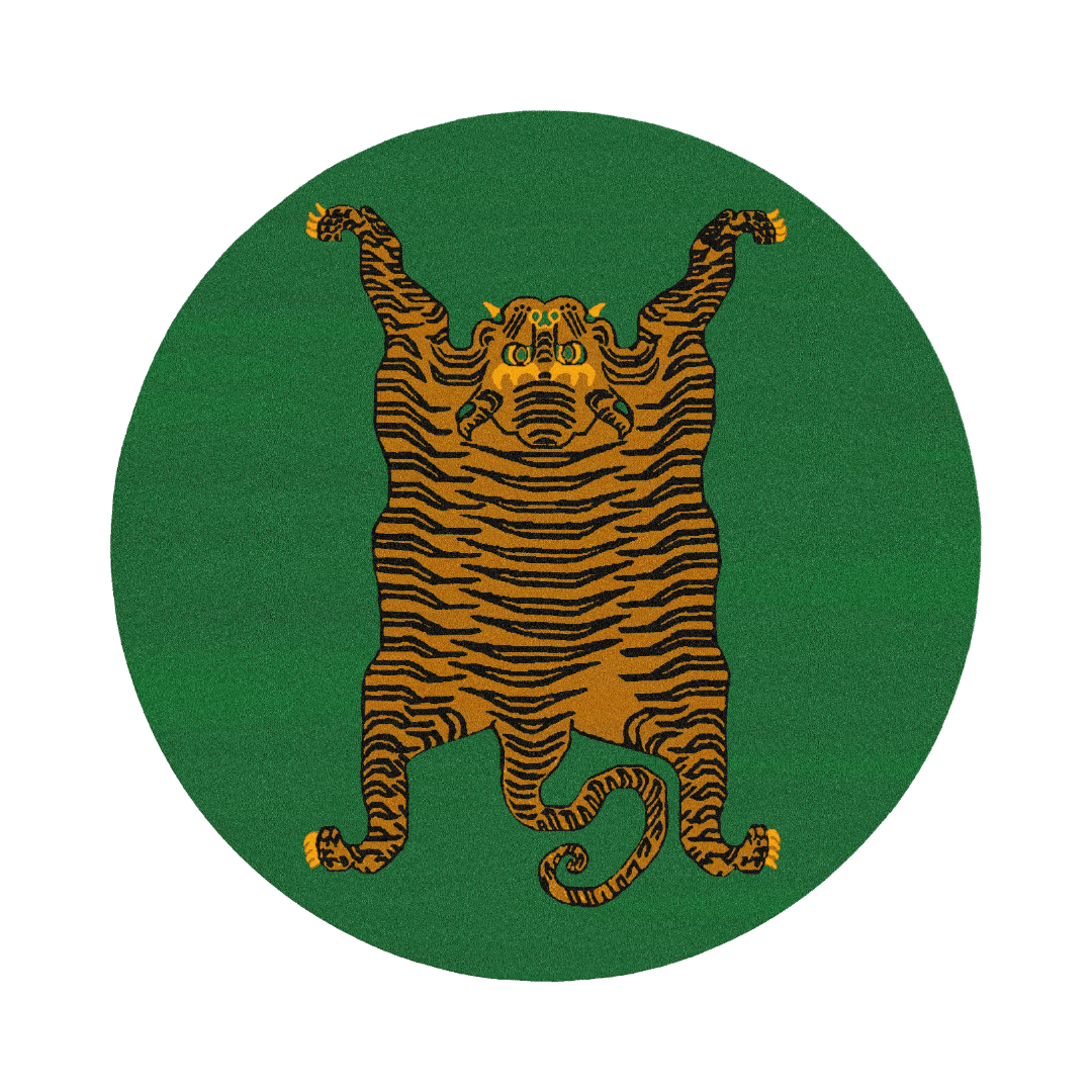 This file contains a description of a round rug featuring a Yellow Tibetan Tiger design. The rug is hand-tufted and primarily green in color. 