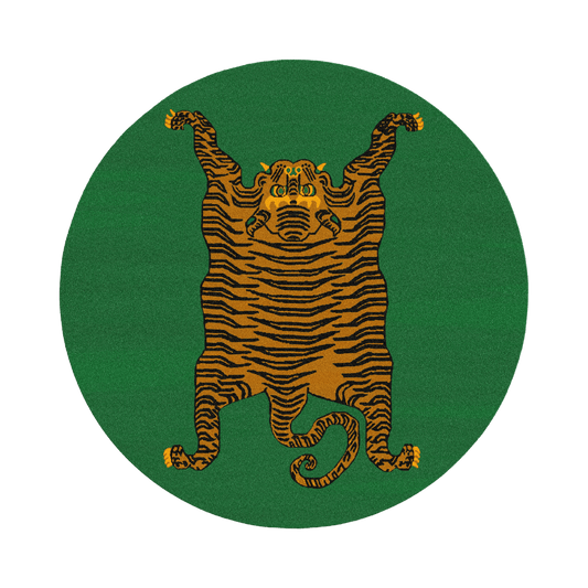 This file contains a description of a round rug featuring a Yellow Tibetan Tiger design. The rug is hand-tufted and primarily green in color. 