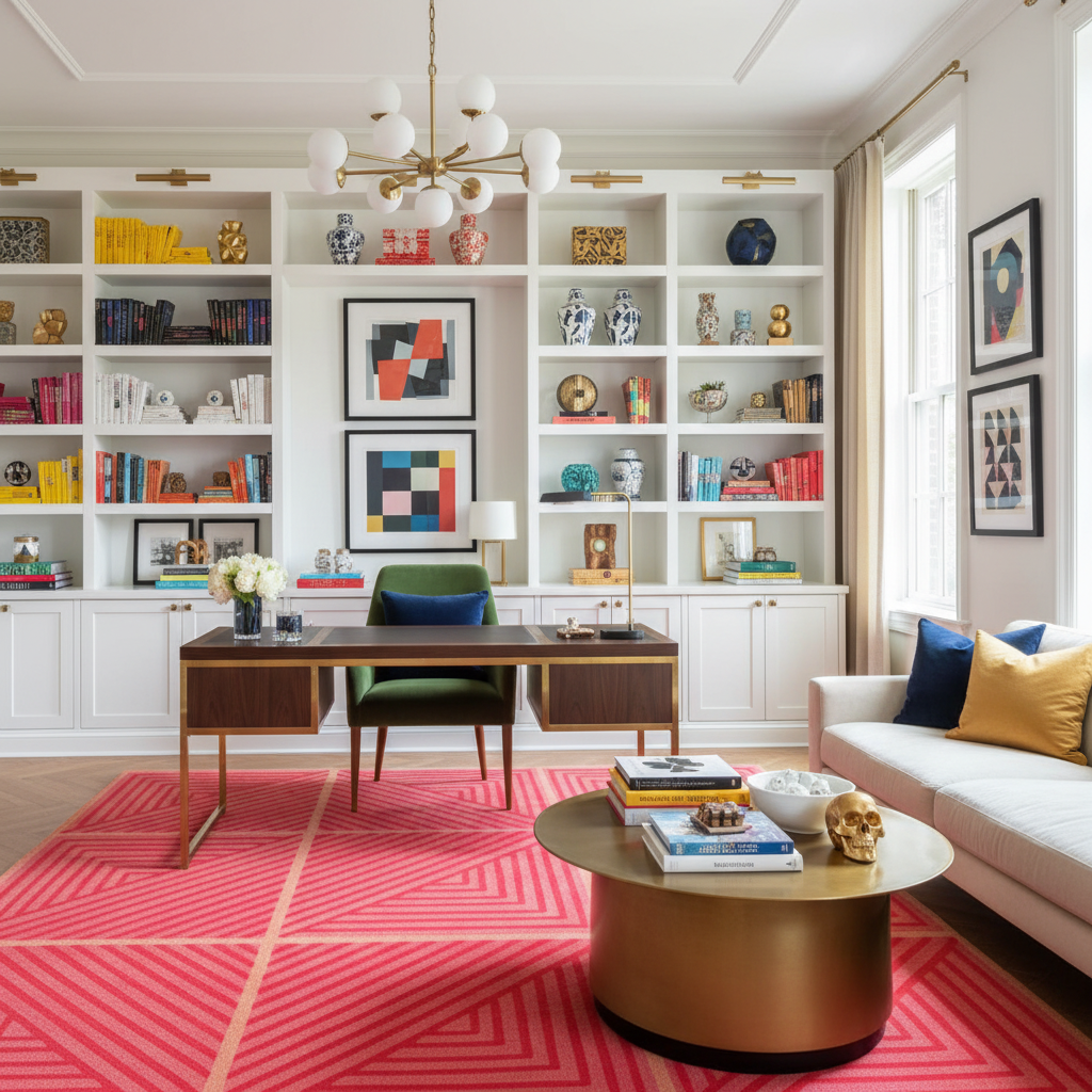 Modern living room with bookshelves, a desk, and colorful rug.