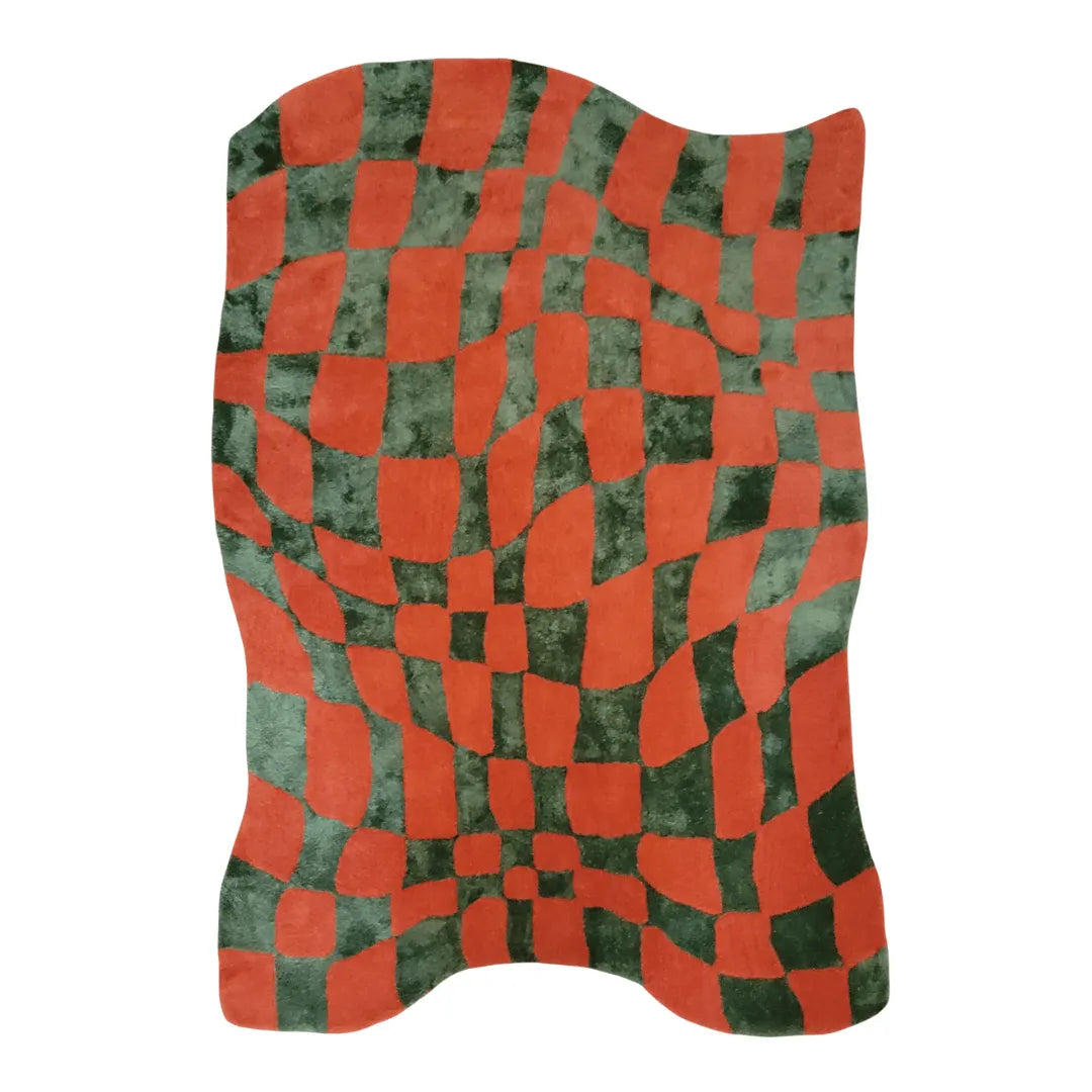 Orange and Green Wavy Checker Hand Tufted Wool Rug