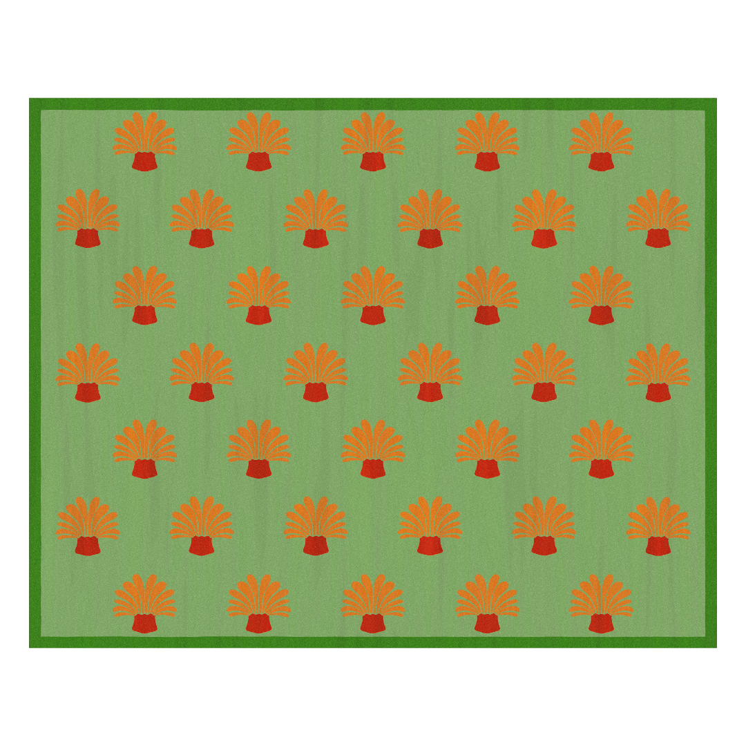 The Orange Palm Trees Green Tufted Wool Rug - II is a vibrant and tropical-inspired rug that brings a touch of exotic flair to your living space. Crafted with precision and care, this tufted wool rug features a design that showcases orange palm trees against a lush green background.