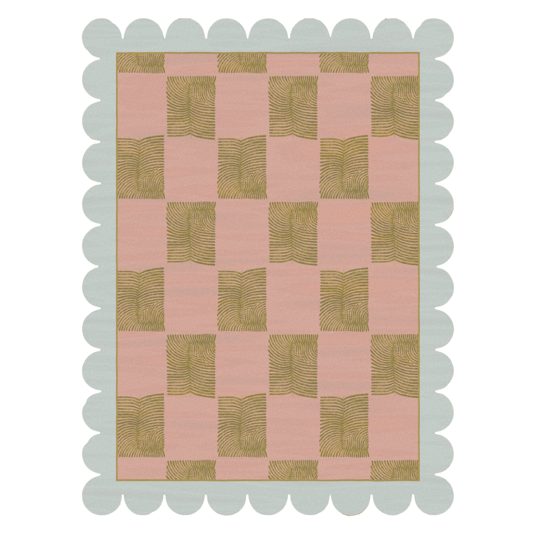 Scalloped Leaf Checker Pastel Hand Tufted Rug" - Delight in the gentle charm of this hand-tufted rug featuring scalloped leaf patterns in soothing pastel tones. With meticulous craftsmanship, it brings a touch of whimsy and tranquility to any space, creating a serene and inviting atmosphere. Perfect for adding a subtle yet stylish accent to your decor, it evokes a sense of calm and beauty