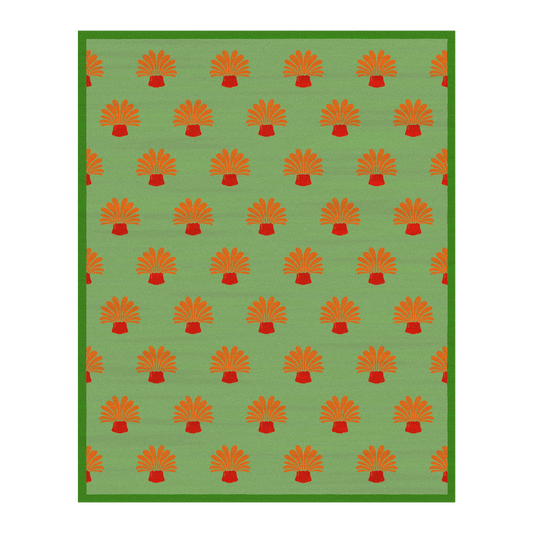 The Orange Palm Trees Green Tufted Wool Rug is a vibrant and tropical-inspired rug that brings a touch of exotic flair to your living space. Crafted with precision and care, this tufted wool rug features a design that showcases orange palm trees against a lush green background.