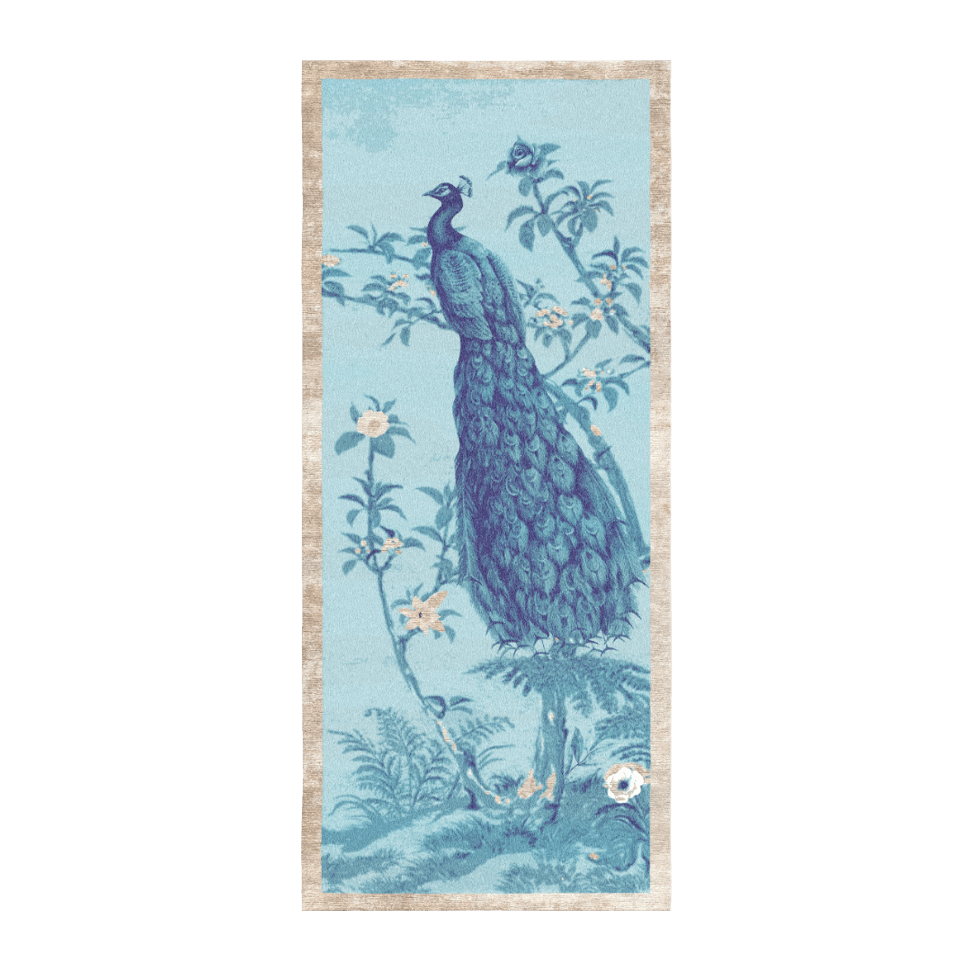 A blue peacock floral hand-tufted rug could be a stunning and luxurious addition to a room. The combination of the vibrant blue color, the intricate peacock and floral motifs, and the hand-tufted construction would create a statement piece that adds elegance and charm to the decor. This type of rug could work well in a variety of spaces, from a living room to a bedroom, adding a touch of exotic beauty to the design.