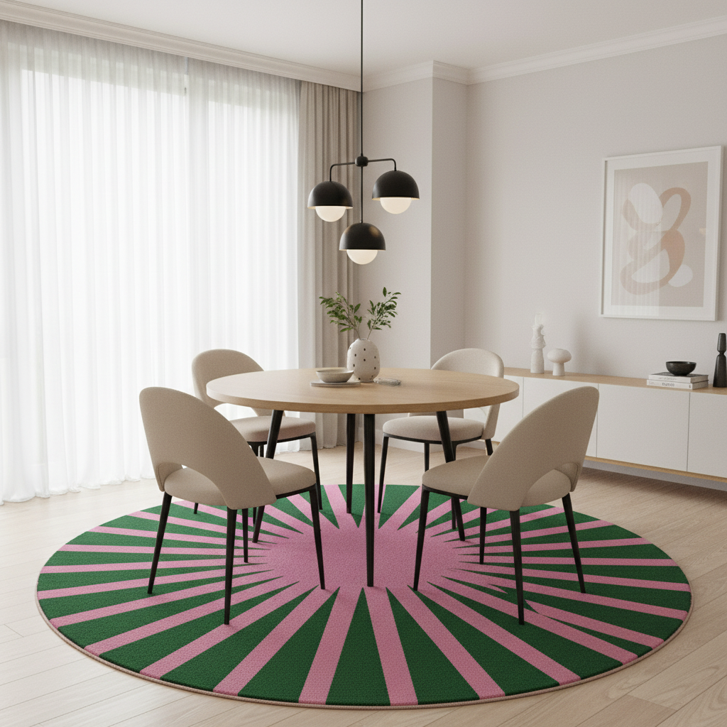 Contemporary Green and Pink Ray Round Hand Tufted Wool Rug