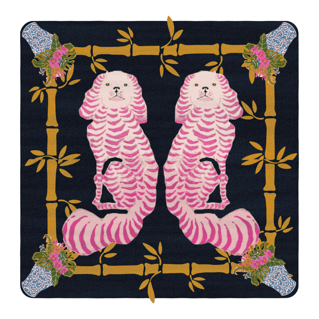 Chinoiserie Pink Staffordshire Dogs Hand Tufted Rug - Black" - Embrace timeless elegance with this hand-tufted rug featuring Chinoiserie-inspired pink Staffordshire dogs on a striking black background. Meticulously crafted, it adds sophistication and charm to any space, infusing your room with a sense of grace and style. Perfect for those who appreciate classic motifs with a modern twist, it creates a statement piece that exudes luxury and sophistication.
