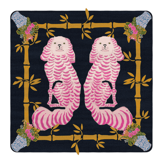 Chinoiserie Pink Staffordshire Dogs Hand Tufted Rug - Black" - Embrace timeless elegance with this hand-tufted rug featuring Chinoiserie-inspired pink Staffordshire dogs on a striking black background. Meticulously crafted, it adds sophistication and charm to any space, infusing your room with a sense of grace and style. Perfect for those who appreciate classic motifs with a modern twist, it creates a statement piece that exudes luxury and sophistication.