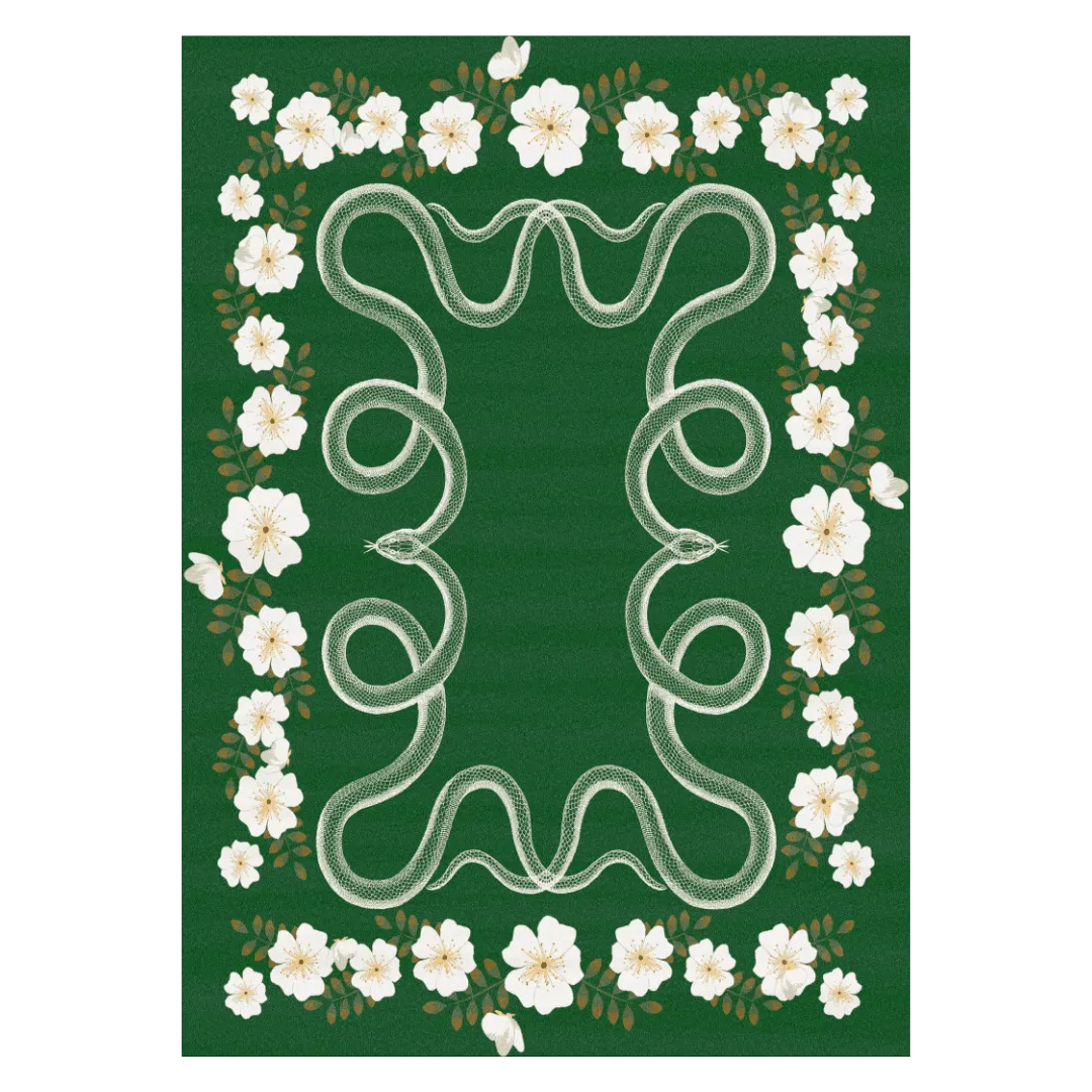 White Flowers Snakes Hand Tufted Rug - Green