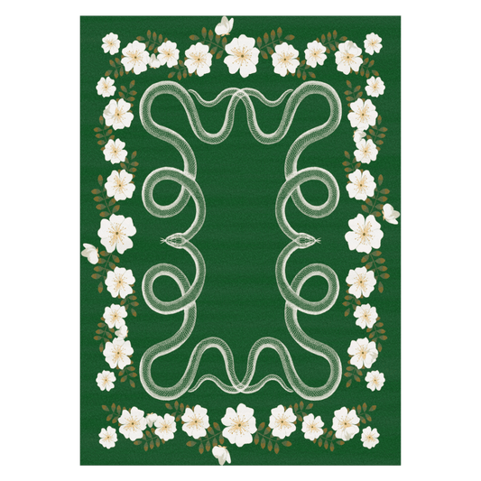The White Flowers and Snakes Hand Tufted Rug in Green is a captivating and unique piece that adds a touch of nature-inspired artistry to your living space. This hand-tufted rug features a design that combines the delicate beauty of white flowers with the intriguing presence of snakes, all set against a lush green background.
