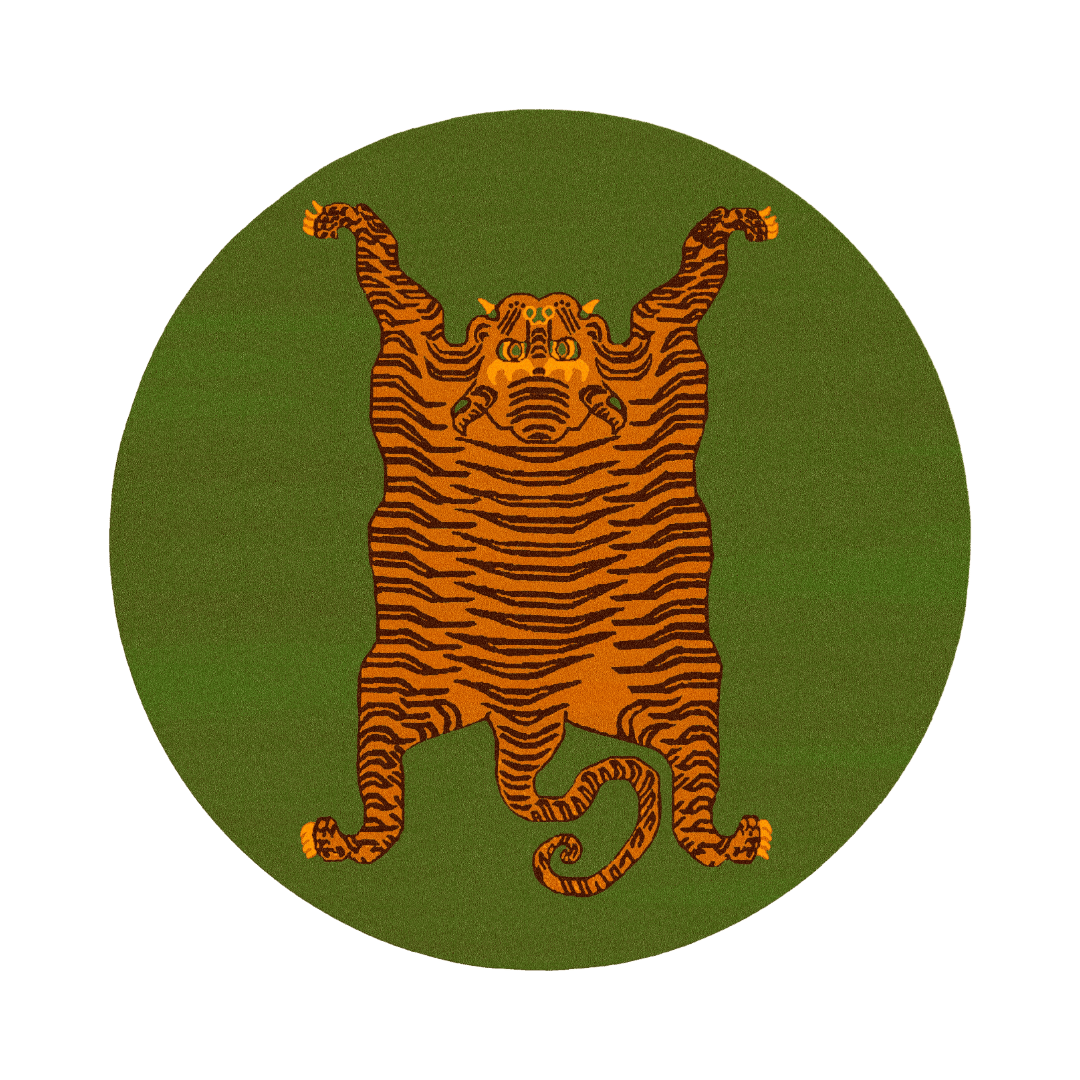 This round rug features an Orange Tibetan Tiger design, hand-tufted and primarily green in color. The intricate tiger pattern adds a bold and vibrant touch to any space, while the hand-tufted construction ensures durability and quality. Perfect for adding warmth and personality to your home or office decor