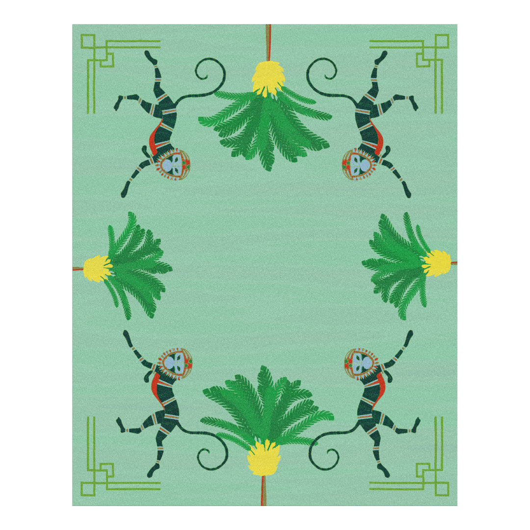 Monkeys and Palm Trees Hand Tufted Rug" - This charming rug features playful monkeys swinging amidst lush palm trees, hand-tufted with meticulous detail. Adding a tropical touch to any room, it infuses your space with a sense of whimsy and adventure, creating a delightful focal point for your decor.