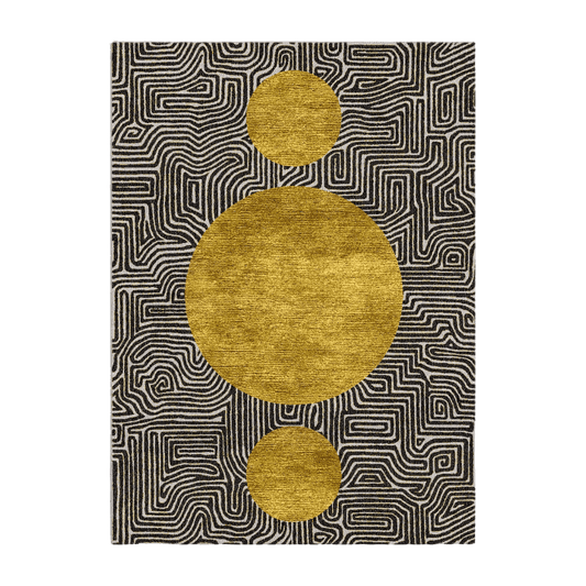 Three Golden Suns Maze Hand Tufted Wool Rug" - Immerse yourself in celestial allure with this captivating rug, boasting a maze design adorned with three golden suns. Hand-tufted from luxurious wool, it adds a touch of mystique and sophistication to any room, creating a focal point that invites exploration and contemplation. Perfect for those seeking to infuse their space with cosmic inspiration, this rug serves as a radiant centerpiece, illuminating your decor with its celestial charm.