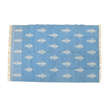 Handwoven White Floral Blue Cotton Rug with Fringes